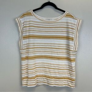 LOFT White Mustard Yellow Striped Boxy Tee Womens M Cotton Classic Preppy Travel